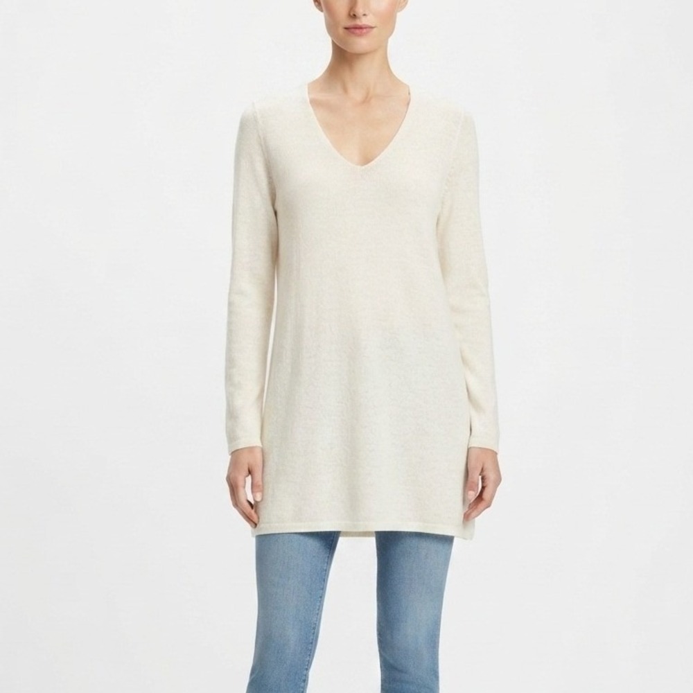 Eileen Fisher V-Neck Slub Knit Tunic Sweater Organic Linen Cotton Cream XL